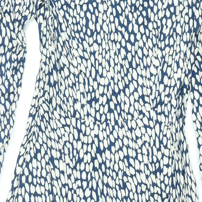 Marks and Spencer Womens Blue Geometric Viscose Shift Size 10 V-Neck Zip - Button Detail