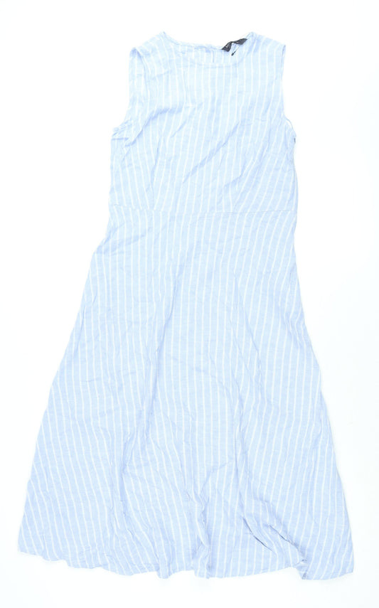 Marks and Spencer Womens Blue Striped Linen Shift Size 8 Round Neck Button