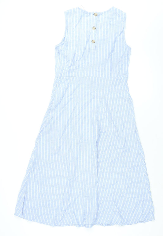 Marks and Spencer Womens Blue Striped Linen Shift Size 8 Round Neck Button