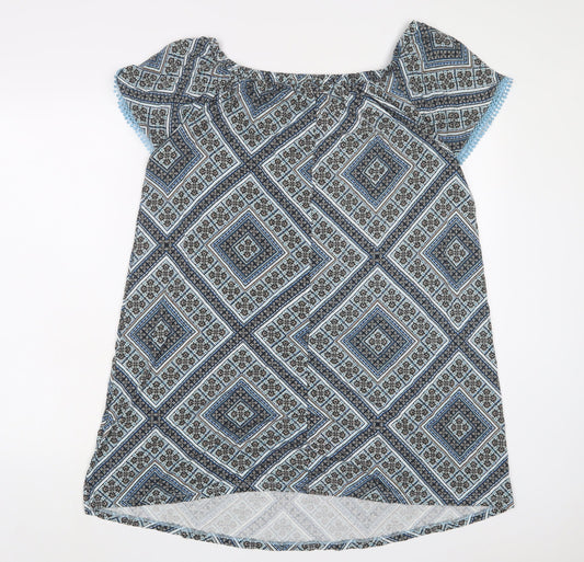 Principles Womens Blue Geometric Viscose A-Line Size 16 Boat Neck Pullover