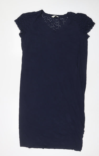Marks and Spencer Womens Blue Cotton A-Line Size 18 V-Neck Pullover - Embroidered