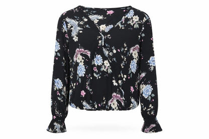 Firesh Womens Black Floral Polyester Basic Blouse Size M V-Neck