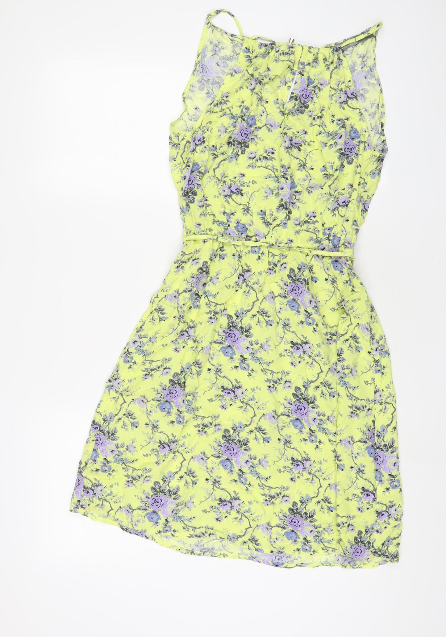 Oasis Womens Yellow Floral Viscose A-Line Size 8 Square Neck Tie