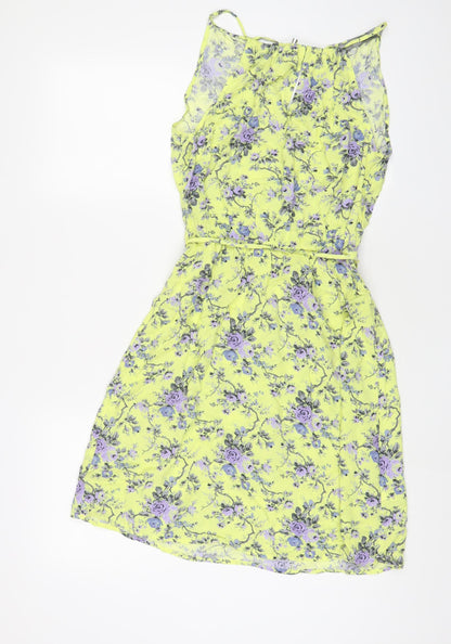 Oasis Womens Yellow Floral Viscose A-Line Size 8 Square Neck Tie