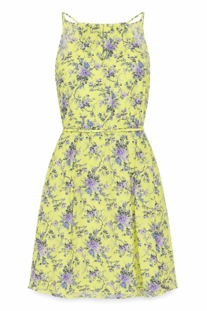 Oasis Womens Yellow Floral Viscose A-Line Size 8 Square Neck Tie
