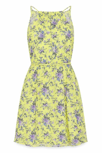 Oasis Womens Yellow Floral Viscose A-Line Size 8 Square Neck Tie