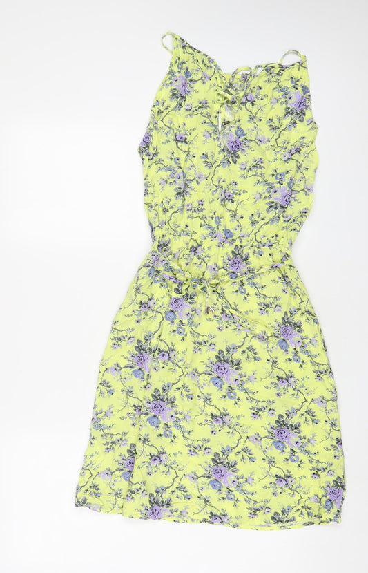 Oasis Womens Yellow Floral Viscose A-Line Size 8 Square Neck Tie