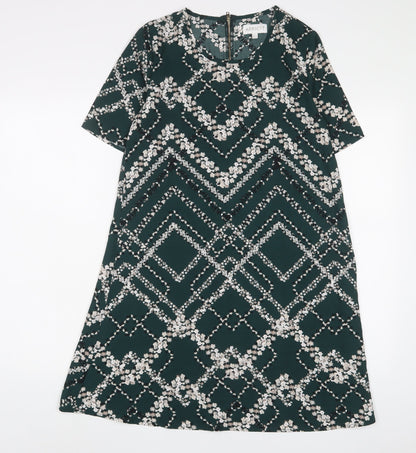 Apricot Womens Green Geometric Polyester A-Line Size 8 Crew Neck Zip