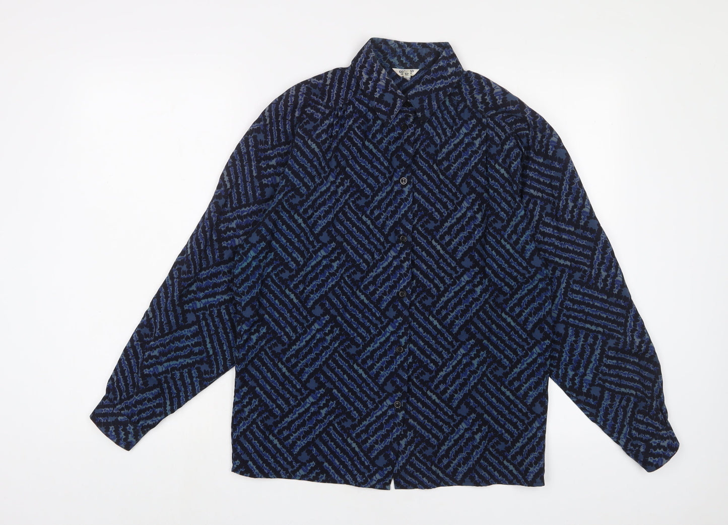 Gor-Ray Womens Blue Geometric Polyester Basic Button-Up Size 12 Collared