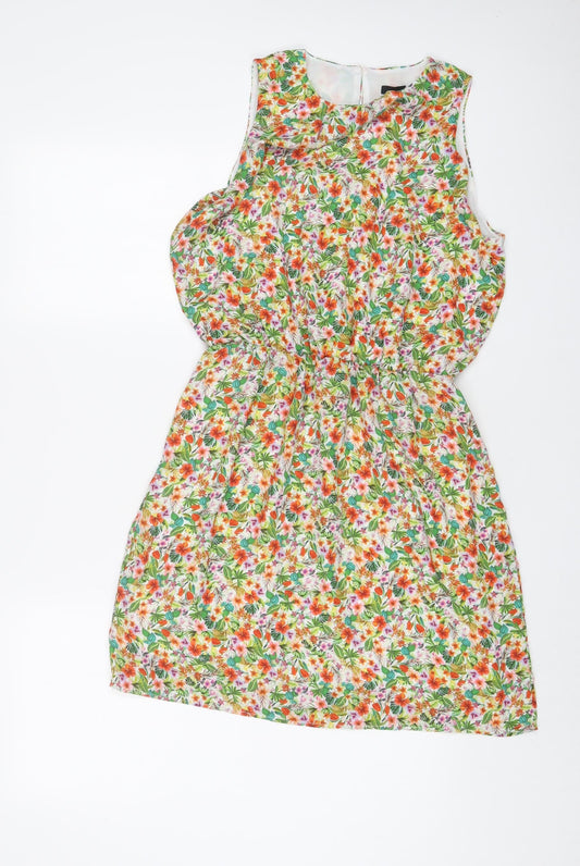 H&M Womens Multicoloured Floral Polyester A-Line Size 10 Crew Neck Button