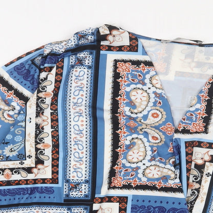 Rosa Rosae Womens Blue Geometric Polyester Basic T-Shirt Size M V-Neck