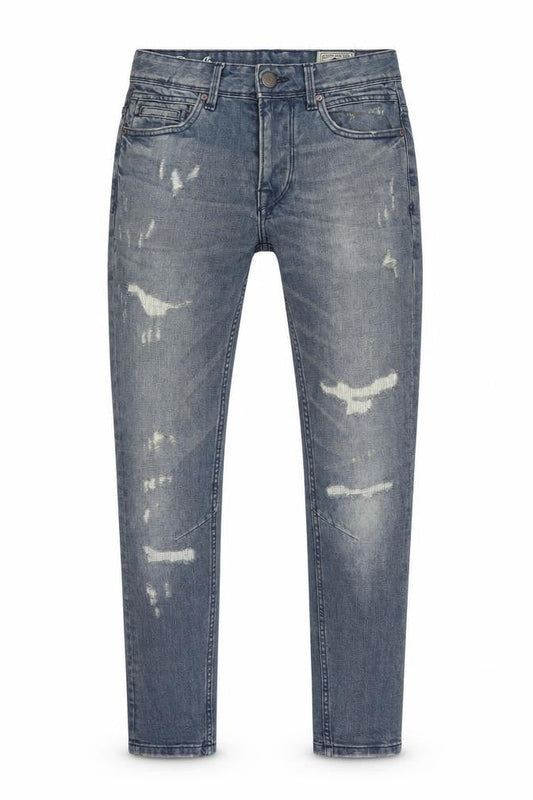 Front view of Denim & Co. men’s blue cotton blend tapered jeans, size 28, in, 28-inch leg regular zip