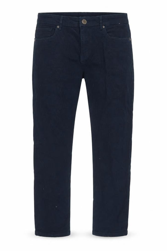 Front view of Denim & Co. men’s blue cotton blend straight jeans, size 32, in, 30-inch leg extra-slim zip