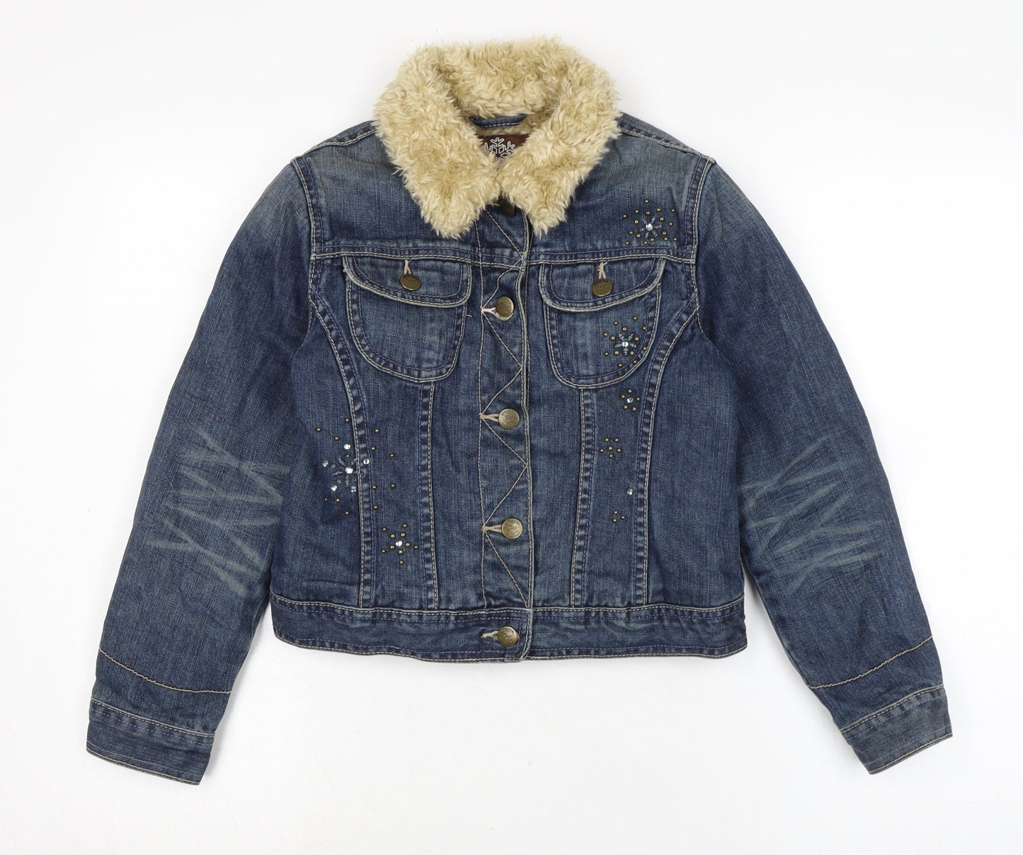 Authentic Gap Girls Blue Biker Jacket Size L Button - Jewelled detail to front.