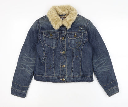 Authentic Gap Girls Blue Biker Jacket Size L Button - Jewelled detail to front.