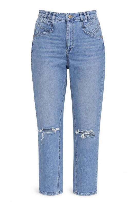 Front view of ASOS women’s blue cotton blend straight jeans, size UK 26, in, 25-inch leg regular zip