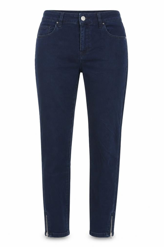 Front view of Denim & Co. women’s blue cotton blend straight jeans, size UK 12 regular zip - zips bottom of legs.