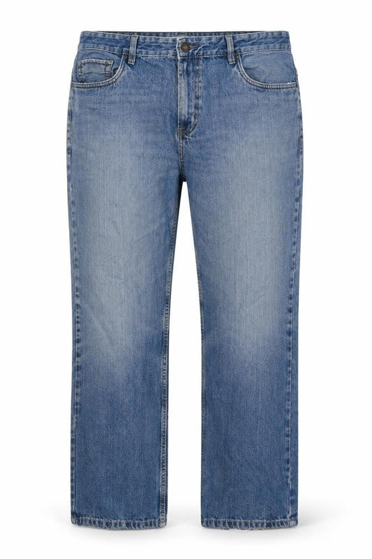 Front view of ACW85 women’s blue cotton straight jeans, size UK 38, in, 32-inch leg regular zip
