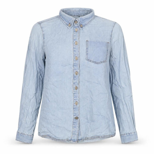 Front view of ASOS women’s blue cotton basic button-up, size UK 6, collared