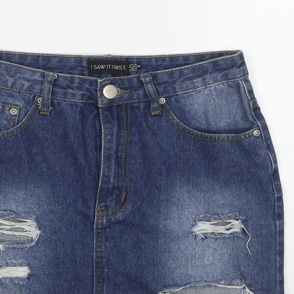 I SAW IT FIRST Womens Blue Cotton A-Line Skirt Size 8 Zip - Distressed