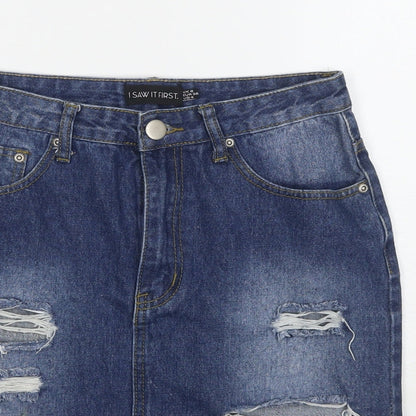 I SAW IT FIRST Womens Blue Cotton A-Line Skirt Size 8 Zip - Distressed