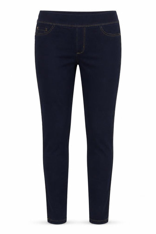 Front view of Denim & Co. women’s blue cotton jegging jeans, size UK 10, 27-inch leg regular zip