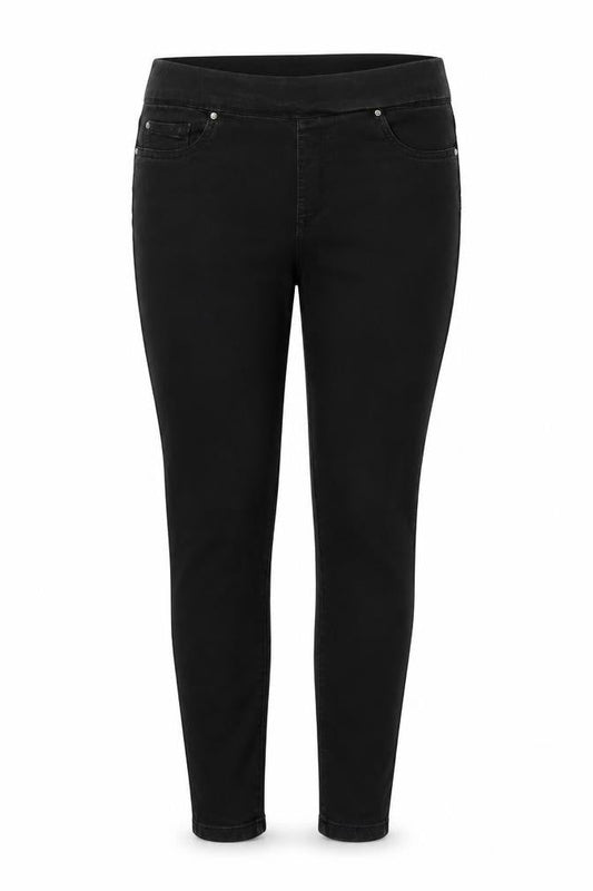 Front view of Denim & Co. women’s black cotton jegging jeans, size UK 12, 24-inch leg regular zip