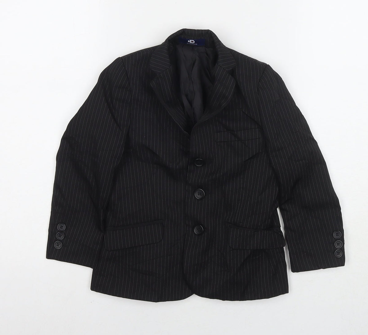 Additional front view of Duck and Cover boys’ black jacket blazer, size 4, years button