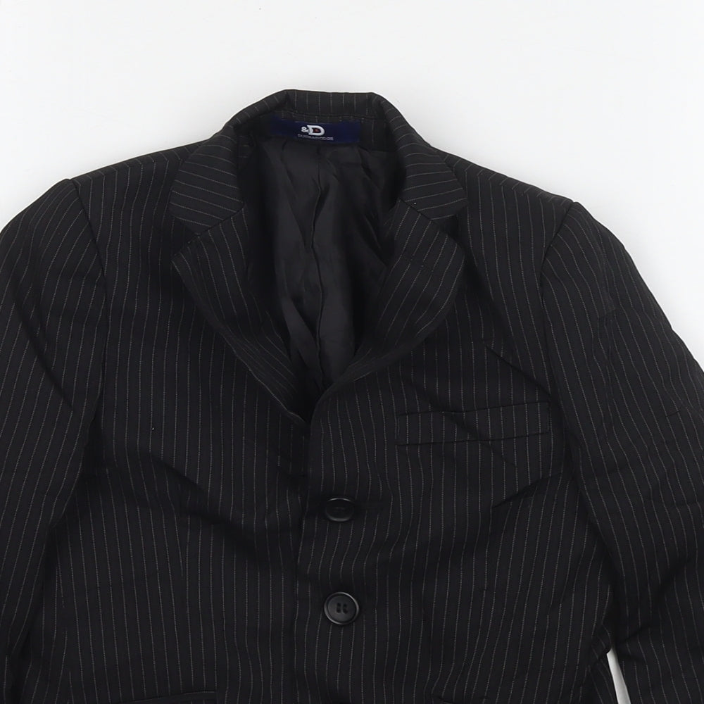 Close-up detail of Duck and Cover boys’ black jacket blazer, size 4, years button