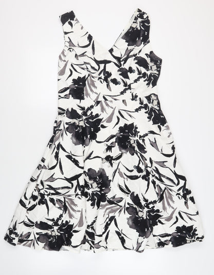 CC Womens White Floral Cotton Fit & Flare Size 14 V-Neck Zip