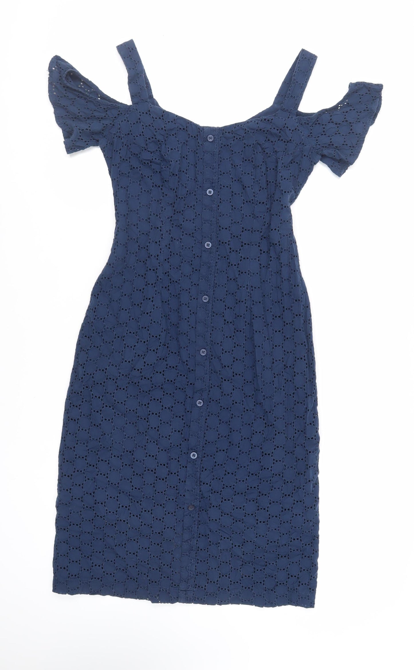 Bravissimo Womens Blue Cotton Pencil Dress Size 8 Off the Shoulder Button - Broderie Anglaise