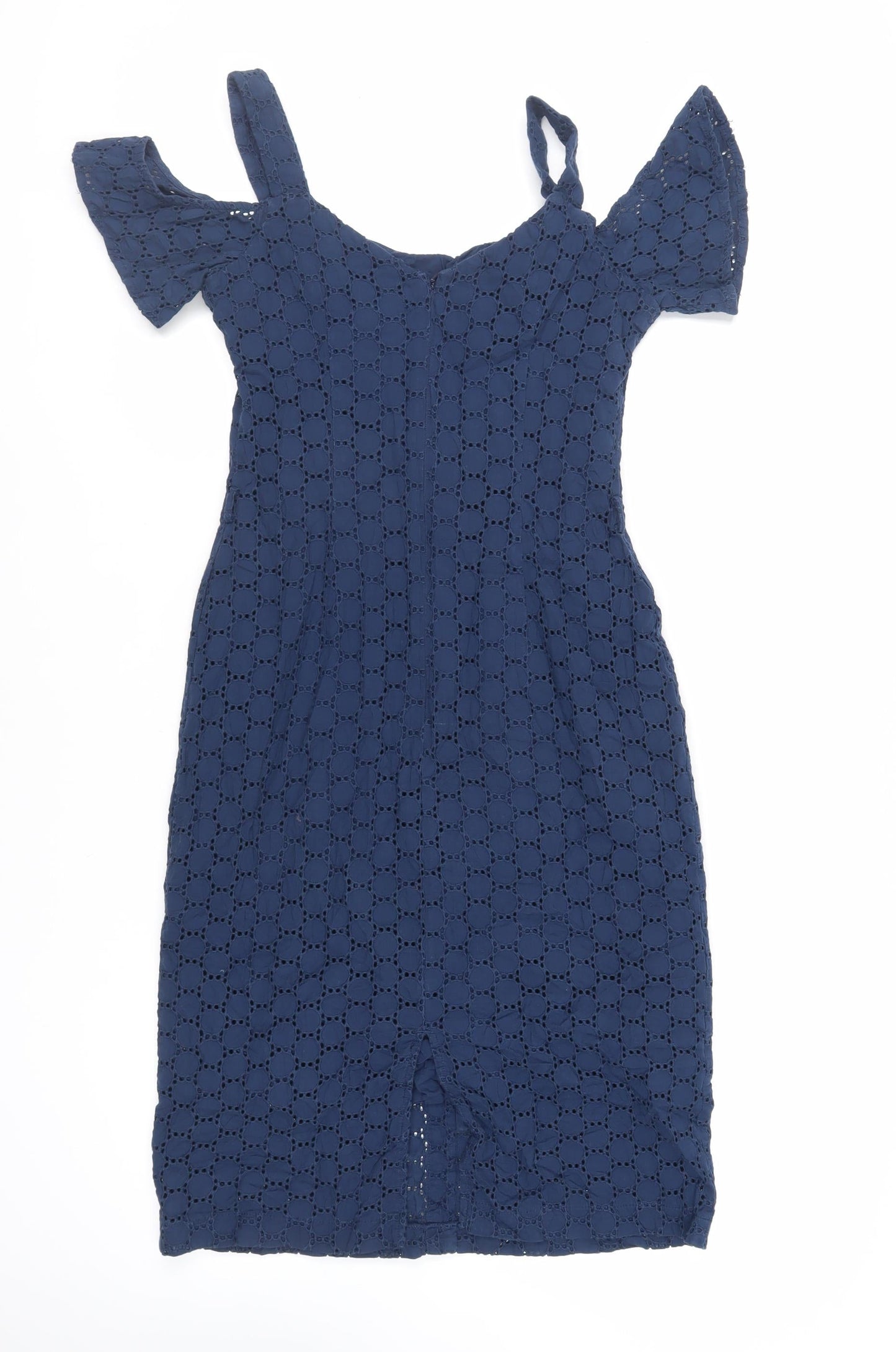 Bravissimo Womens Blue Cotton Pencil Dress Size 8 Off the Shoulder Button - Broderie Anglaise