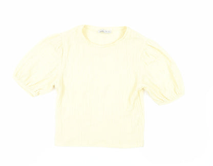 Pull&Bear Womens Yellow Polyester Basic Blouse Size S Crew Neck - Textured