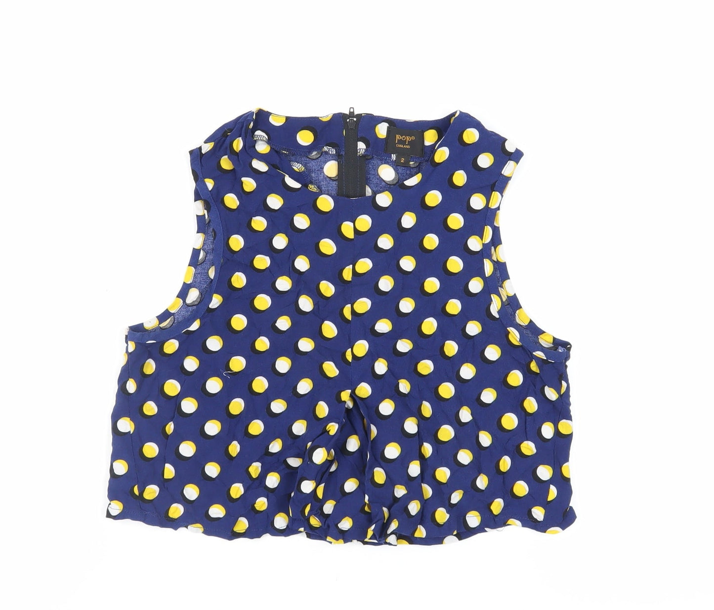 Pop England Womens Blue Polka Dot Viscose Cropped Blouse Size M Round Neck