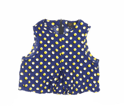 Pop England Womens Blue Polka Dot Viscose Cropped Blouse Size M Round Neck