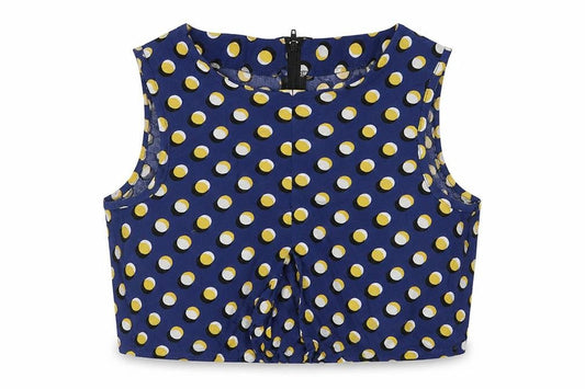 Pop England Womens Blue Polka Dot Viscose Cropped Blouse Size M Round Neck