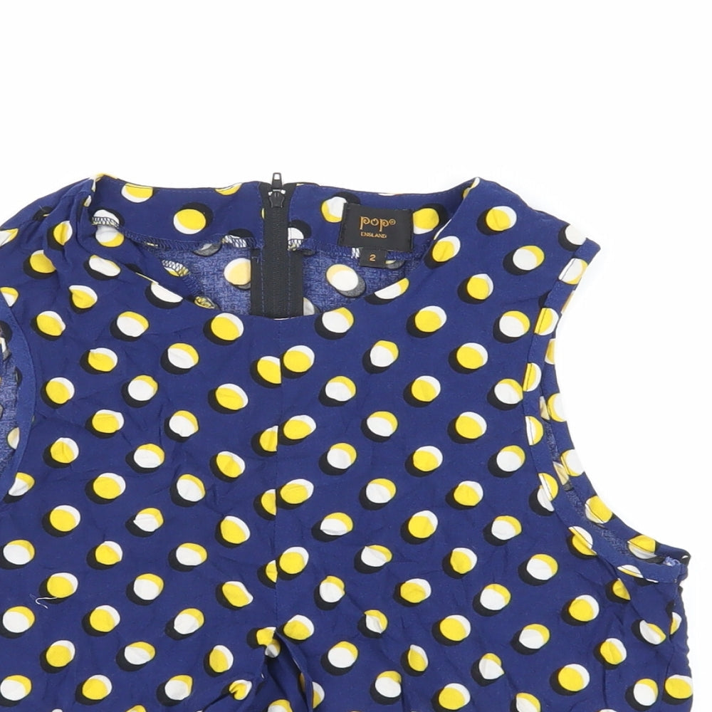 Pop England Womens Blue Polka Dot Viscose Cropped Blouse Size M Round Neck