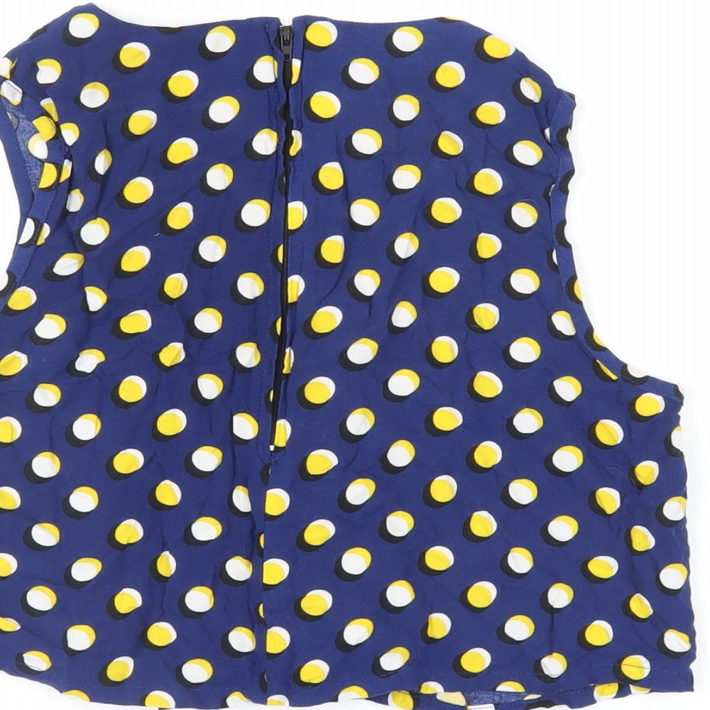 Pop England Womens Blue Polka Dot Viscose Cropped Blouse Size M Round Neck