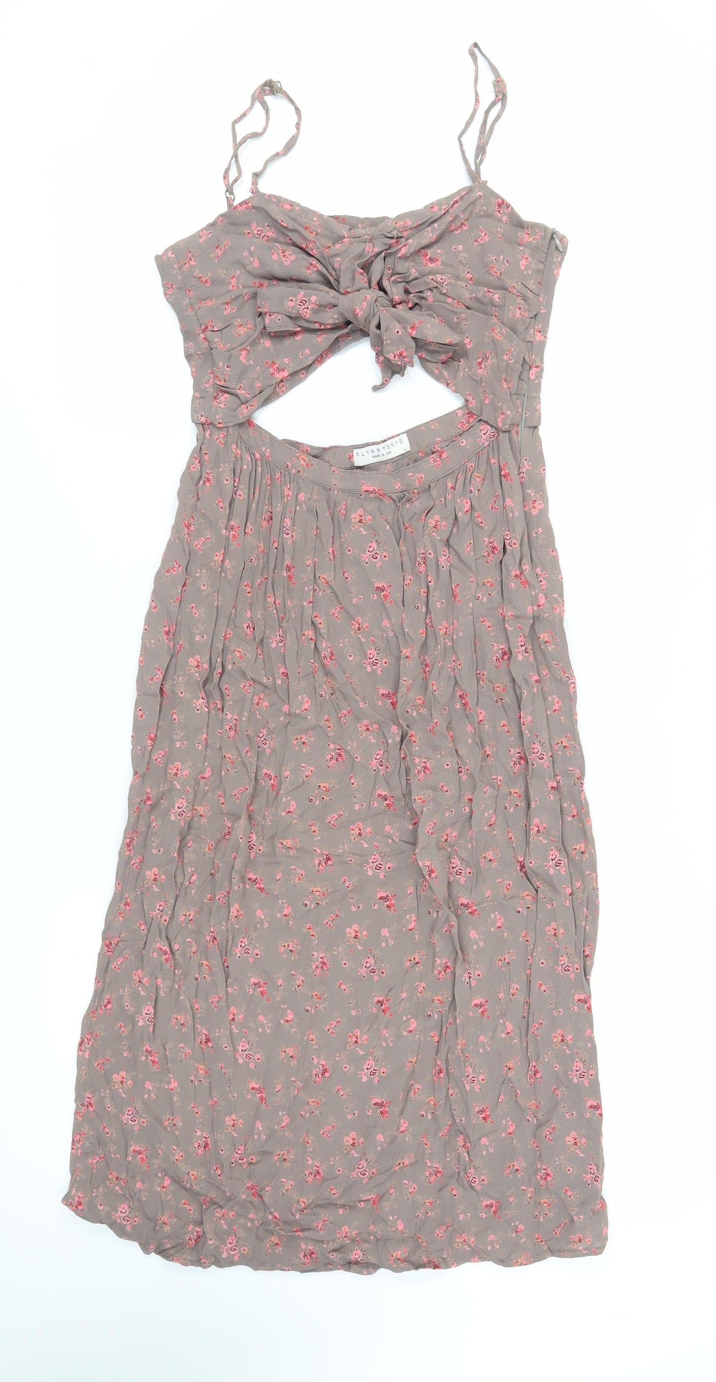 Flynn Skye Womens Brown Floral Polyester Slip Dress Size M Sweetheart Zip - Cut Out Detail