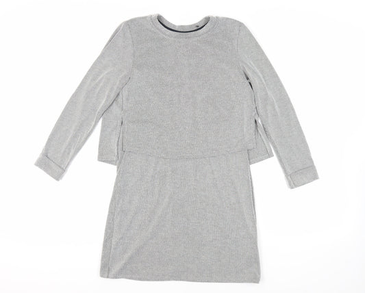 Topshop Womens Grey Striped Acrylic Jumper Dress Size 8 Crew Neck Pullover - Layered