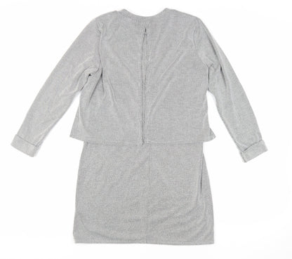 Topshop Womens Grey Striped Acrylic Jumper Dress Size 8 Crew Neck Pullover - Layered
