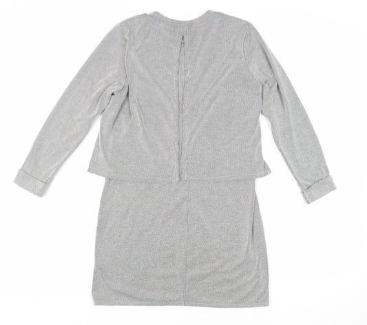 Topshop Womens Grey Striped Acrylic Jumper Dress Size 8 Crew Neck Pullover - Layered