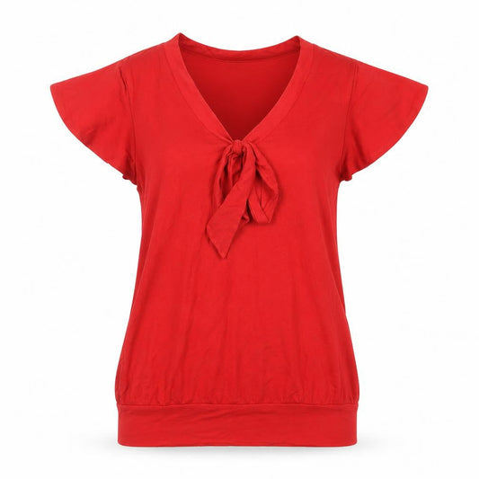 Marks & Spencer Womens Red Viscose Basic T-Shirt Size 10 V-Neck - Tie Neckline Detail