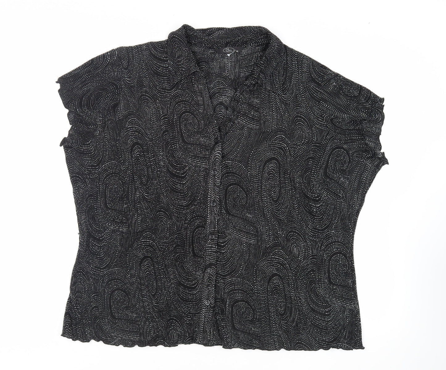 Bonmarché Womens Black Geometric Polyester Basic Button-Up Size 24 Collared