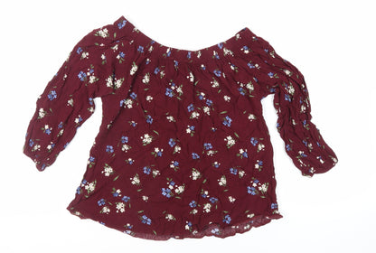 Select Womens Red Floral Viscose Basic Blouse Size 8 Off the Shoulder