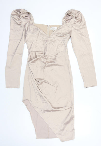 Boohoo Womens Beige Polyester Pencil Dress Size 8 Square Neck Zip