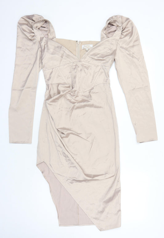 Boohoo Womens Beige Polyester Pencil Dress Size 8 Square Neck Zip