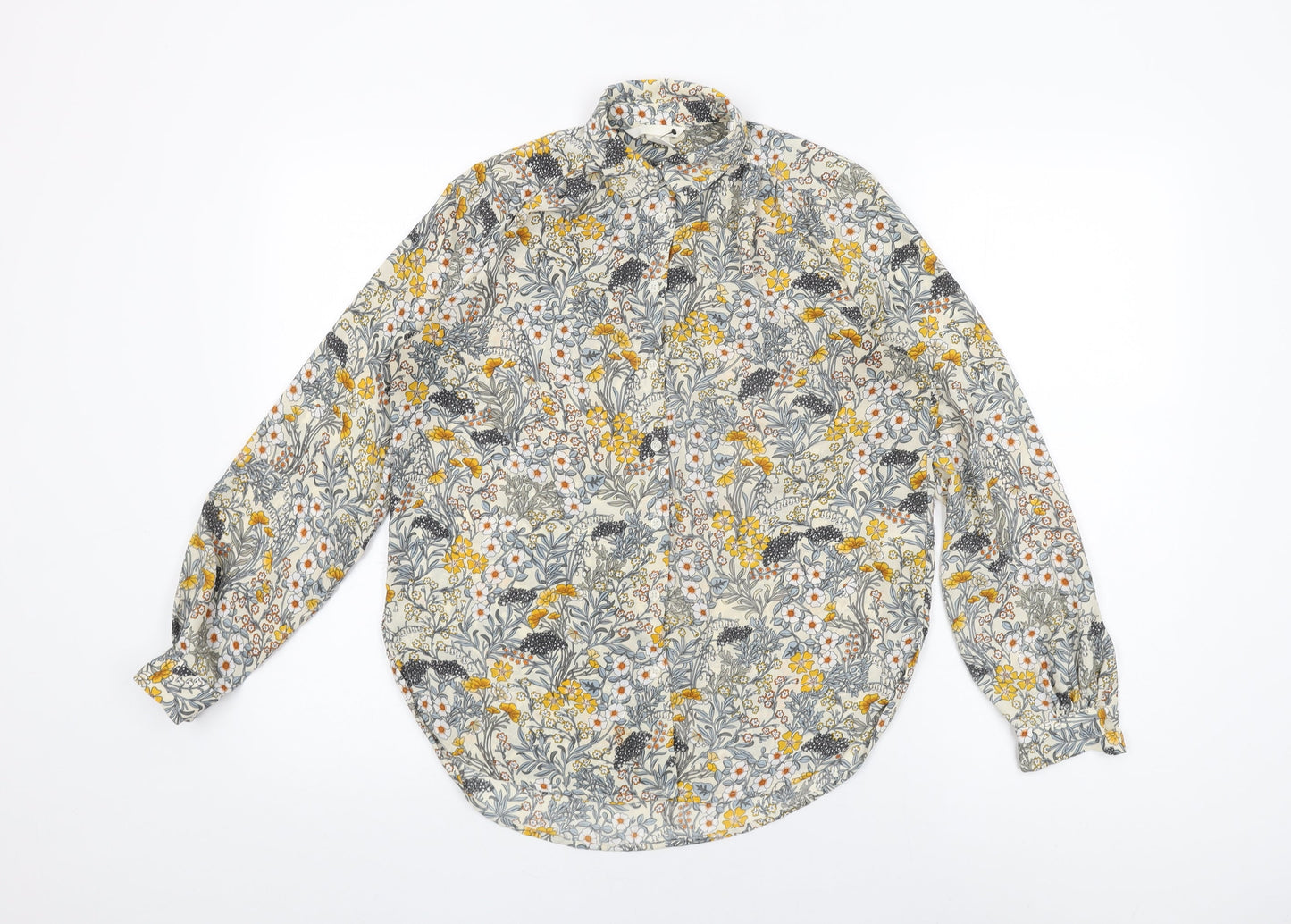 H&M Womens Ivory Floral Polyester Basic Button-Up Size 4 Collared