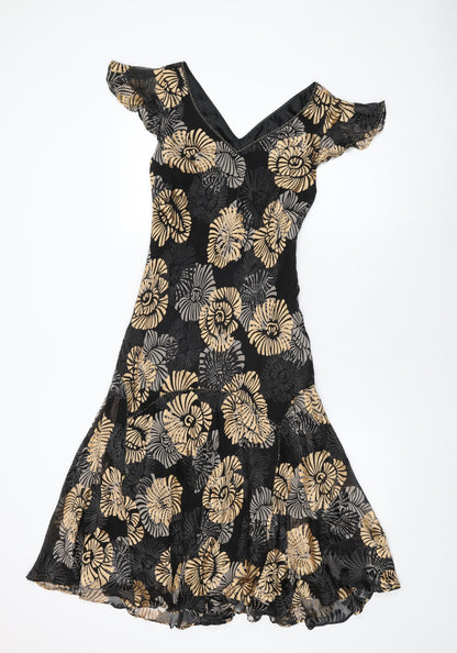 CC Womens Black Floral Viscose Shift Size 8 V-Neck Pullover