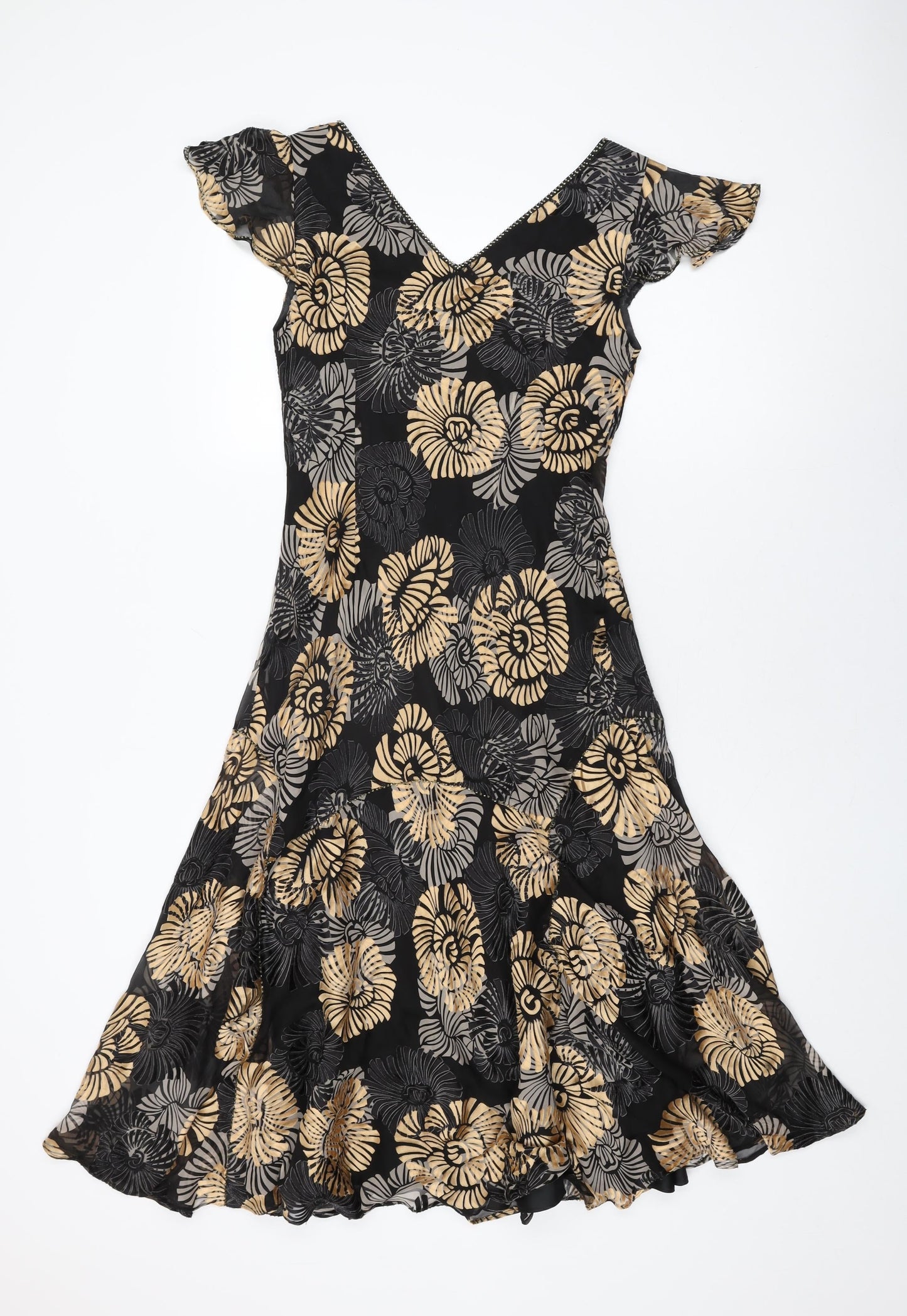 CC Womens Black Floral Viscose Shift Size 8 V-Neck Pullover